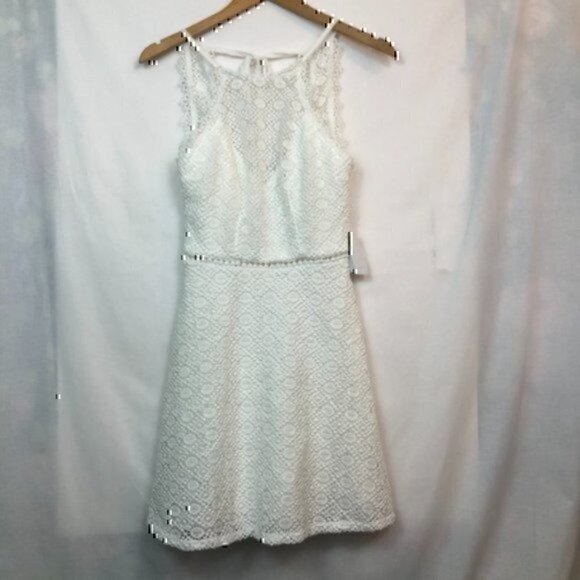 NEW NWT B DARLIN High Neck Lace Fit Flare Dress White Sleeveless Mini Party 1 2 - Picture 2 of 8